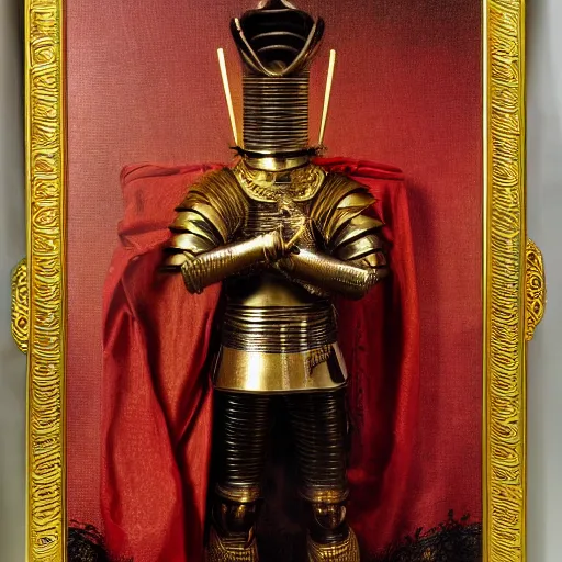 Image similar to portrait the great knight in golden red armor made of polished dragon bones looks relaxed, victorian era