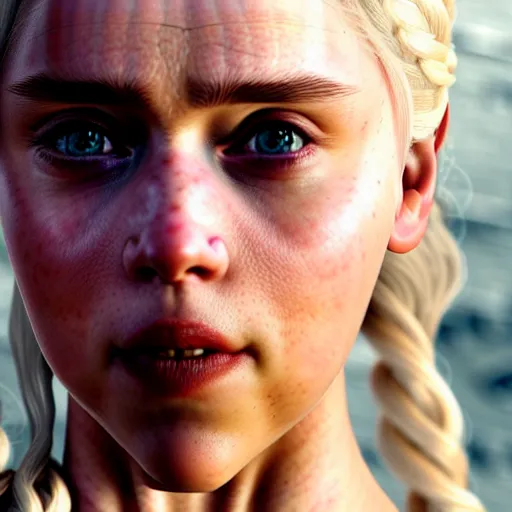 Image similar to a selfie of daenerys targaryen played by a young scarlett johansson, smooth skin, purple eye color, ethereal beauty, medium shot, detailed eyes, vivid, golden hour