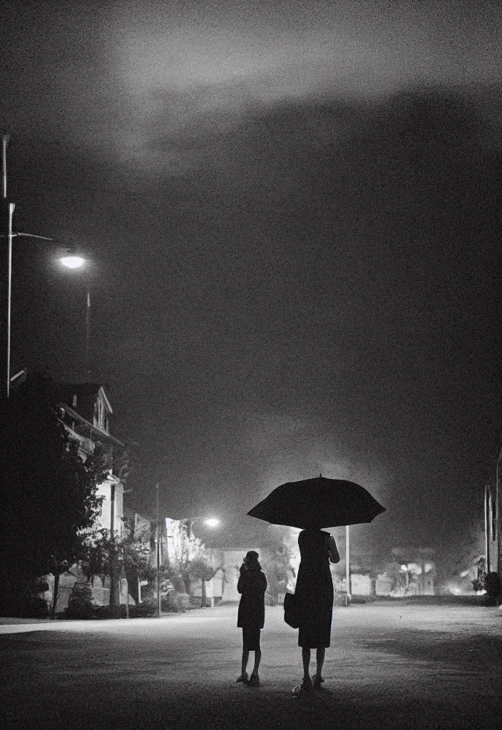 Image similar to “ quiet american neighborhood at night, a woman waiting with a black umbrella, photography in the style of gregory crewdson, mist, rule of thirds ”