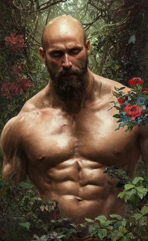 Image similar to god of the forest, 3 0 years old, rugged, male, gorgeous, detailed face, amazing, thighs!!!!!!, flowers, muscular, intricate, highly detailed, digital painting, artstation, concept art, sharp focus, illustration, art by greg rutkowski and alphonse mucha