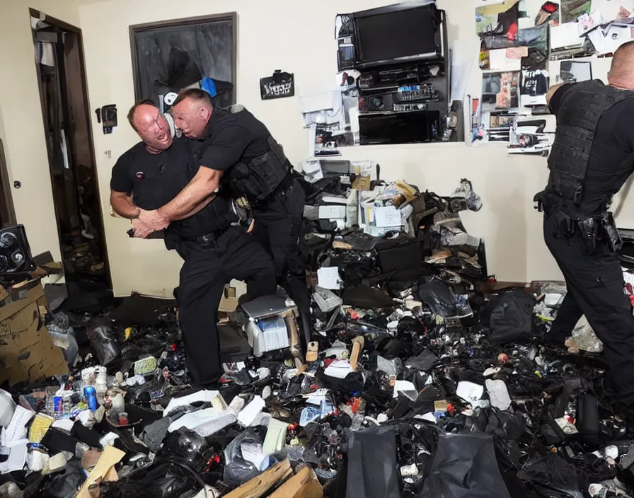 Image similar to SWAT Police group raiding Alex Jones in his INFOWARS studio surrounded by trash and herbal supplements and rubbish and broken camera TV equipment, Alex Jones is very angry, smoke and gas, dramatic press photo