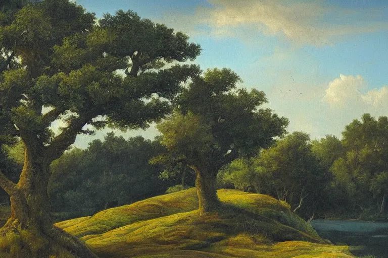 Prompt: masterpiece painting of oak trees on a hillside overlooking a creek, dramatic lighting