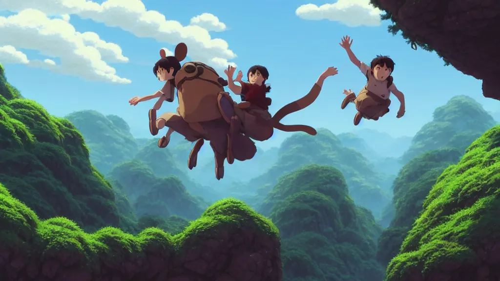 Image similar to game, press x to jump to another plataform, studio ghibli, pixar and disney animation, sharp, rendered in unreal engine 5, highly detailed, digital painting, artstation, smooth, sharp focus, illustration, wide angle, wallpaper, splash art, promo art, dramatic lighting, art by artgerm and greg rutkowski and bo chen and jin xiaodi