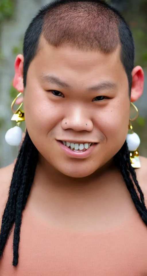 Image similar to close up portrait of a teenage chubby filipino with crooked teeth and a perm, shaved sides of head, curly on top, small studded earings