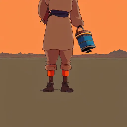 Image similar to a study of cell shaded cartoon of an orange mechanized monk from howl's moving castle ( 2 0 0 4 ) on a desert road, full body, wide shot, very muted colors, post grunge, studio ghibli, laurie greasley, highly detailed, deviantart, art by artgem