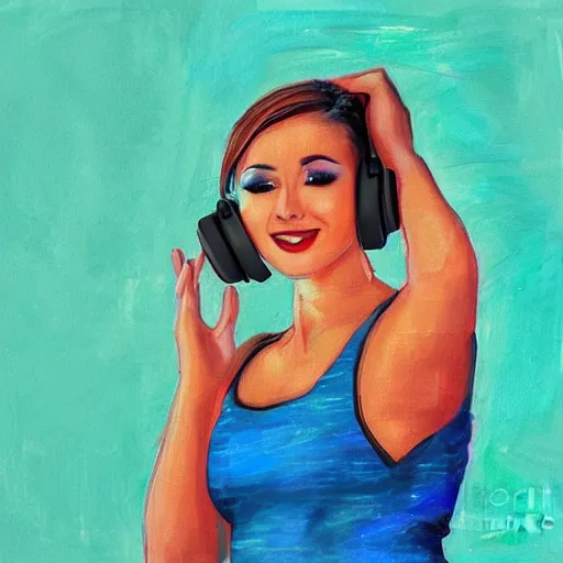 Prompt: a beautiful woman with headphones dancing by hed kandi