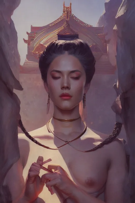 Image similar to temple, taoism, painting by greg rutkowski, j. c. leyendecker, artgerm, tom of finland