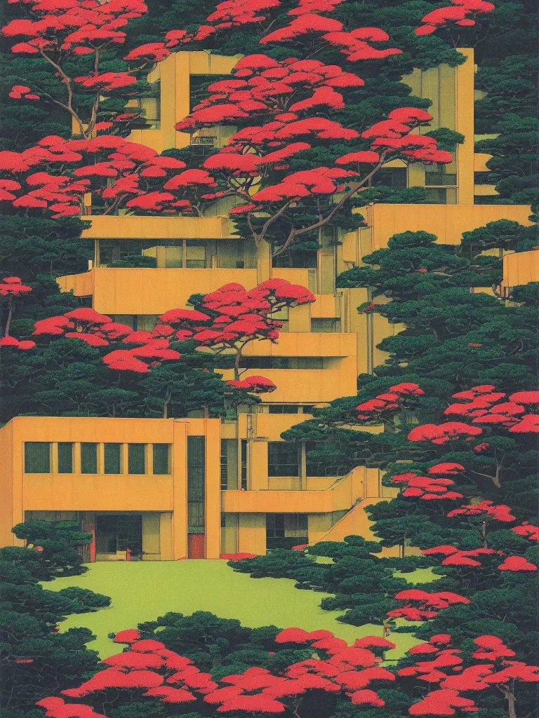 Image similar to a psychedelic hallucination of a brutalist hotel in the springtime blossom mountains, by kawase hasui, moebius, edward hopper, colorful flat surreal design, dramatic lighting, hd, 8 k, artstation