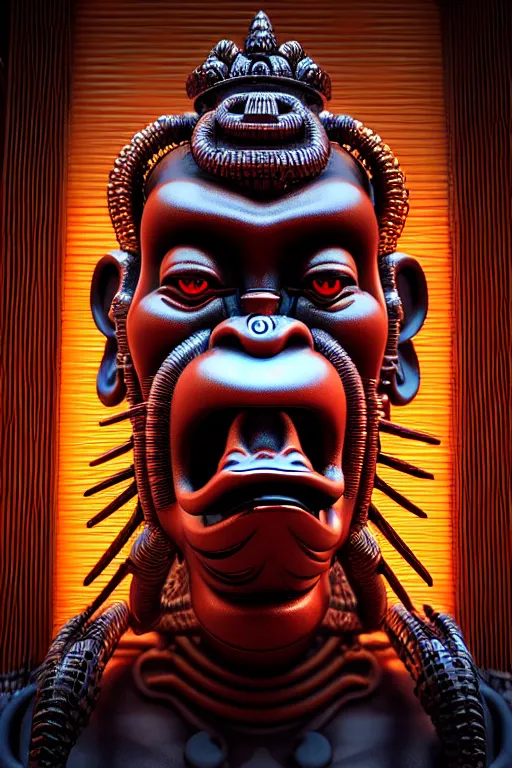 Image similar to high quality 3 d render post - rococo cyberpunk hanuman! head building, neon madhubani, open mouth, highly detailed, in sci - fi mumbai, cinematic smooth unreal engine, lee madgwick & liam wong, dramatic light, low angle, uhd 8 k, sharp focus