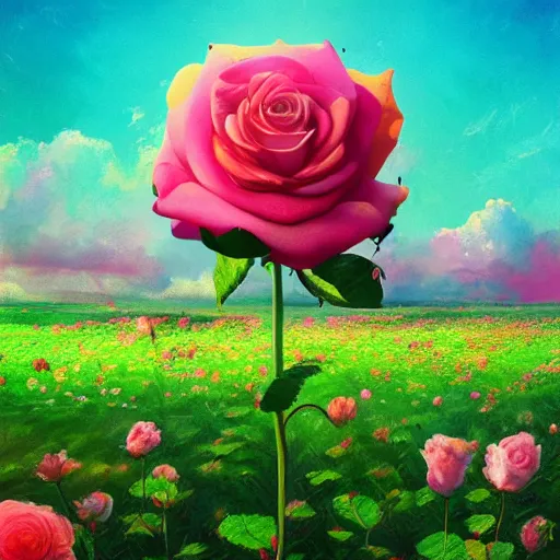 Prompt: large rose as a head, girl frontal in a flower field, surreal photography, sunrise dramatic light, impressionist painting, colorful clouds, digital painting, artstation, simon stalenhag
