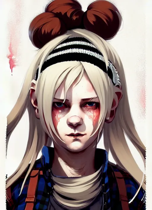 Image similar to highly detailed closeup portrait of a sewer punk pretty swedish female road warrior student, tartan garment, blonde hair pigtails with headband by atey ghailan, by greg rutkowski, by greg tocchini, by james gilleard, by joe fenton, by kaethe butcher, gradient red, black, brown and white color scheme, grunge aesthetic!!! white graffiti tag wall background