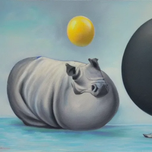 Image similar to oil on canvas of, rhinoceros hatching an egg in hawaii