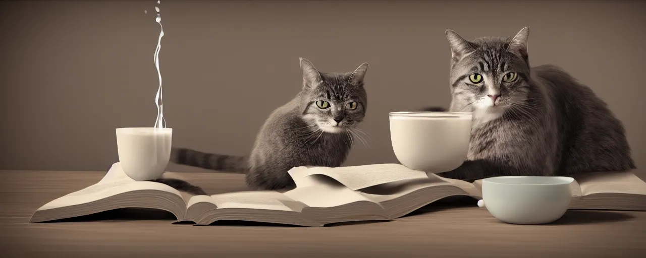 Prompt: a cat is drinking milk in a bowl, there is a book next to the cat, octane render,-H 704