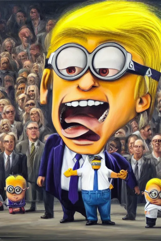 Image similar to trump with blond hair as a minion standing in front of a riot, oil on canvas, intricate, portrait, 8 k highly professionally detailed, hdr, cgsociety