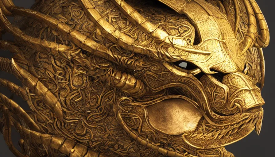 Image similar to viking dragon helmet, made from gold, photorealistic render
