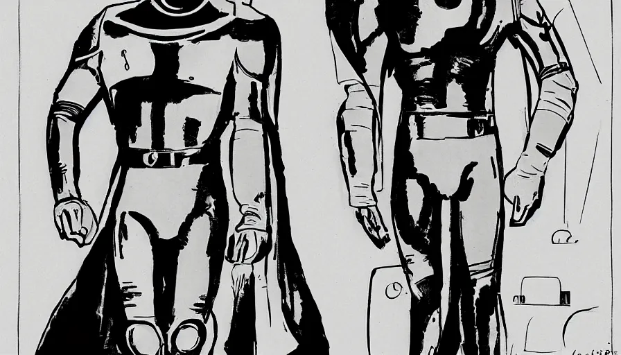 Image similar to male, elongated figure, space suit, science fiction, sketch, character sheet, very stylized, bruce timm, digital art, illustration, pen and ink, by mike mignola, by alex maleev