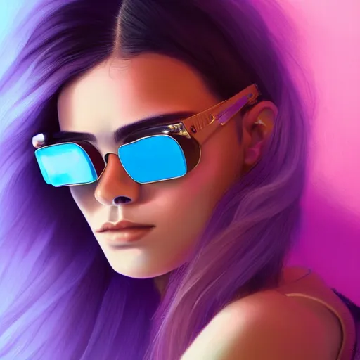 Prompt: closeup painting of a very beautiful young mexican cyberpunk woman with light blue shutter shades, one side haircut, long brown hair with light blue ends, wearing a purple leather jacket, portrait, hyperdetailed, artstation, cgsociety, 8 k, synthwave image