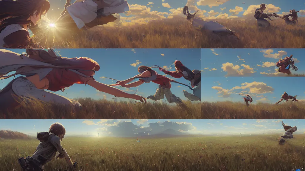 Image similar to highly detailed comic spread combination of art styles depicting an impactful action scene on open meadow clear sky at noon with expert design fictional characters, dynamic art by sakimi, bright colors, moebius, makoto shinkai, murata, james jean, craig mullins, digital painting, masterpiece, best selling, pixiv, volumetric lighting, realistic shaded lighting, 8 k