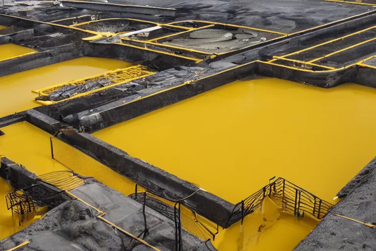 Image similar to photo of a waste facility, catwalks and yellow pools of sludge