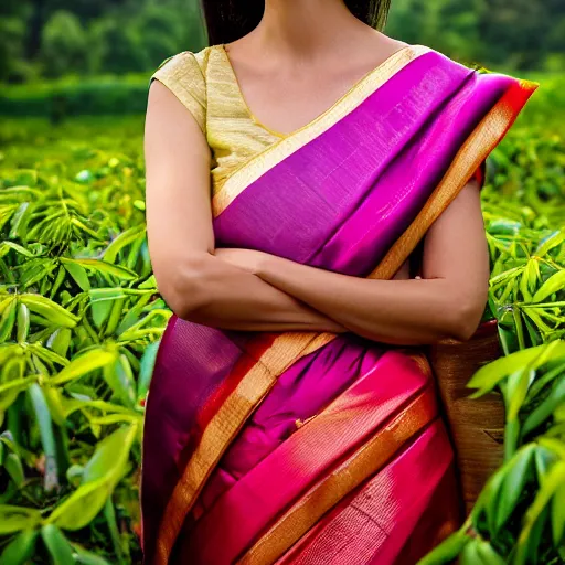 Prompt: close up Portrait of eva green as beautiful young teen girl wearing assamese bihu mekhela sleeveless silk saree and gamosa in Assam tea garden, XF IQ4, 150MP, 50mm, F1.4, ISO 1000, 1/250s, attractive female glamour fashion supermodel photography by Steve McCurry in the style of Annie Leibovitz, face by Artgerm, daz studio genesis iray, artgerm, mucha, bouguereau, gorgeous, detailed anatomically correct face!! anatomically correct hands!! amazing natural skin tone, 4k textures, soft cinematic light, Adobe Lightroom, photolab, HDR, intricate, elegant, highly detailed,sharp focus