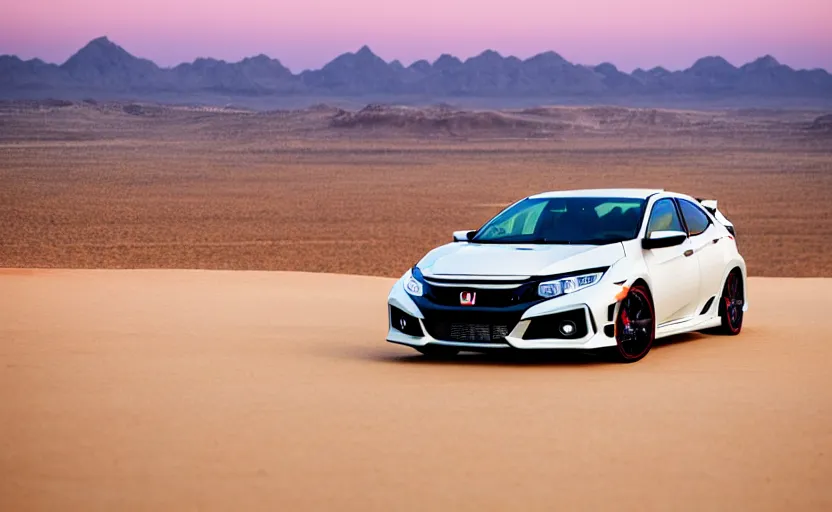 Image similar to photograph of a cell-shaded Honda Civic EK9 Type-R, surrounded by desert with a futuristic city in the horizon, sigma 85mm f/1.4, 4k, depth of field, high resolution, 4k, 8k, hd, full color