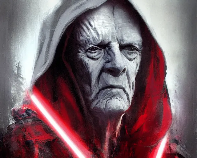 Image similar to portrait of emperor palpatine sidious played by ian mcdiarmid with a big hood, in shades of grey, but with red, by jeremy mann