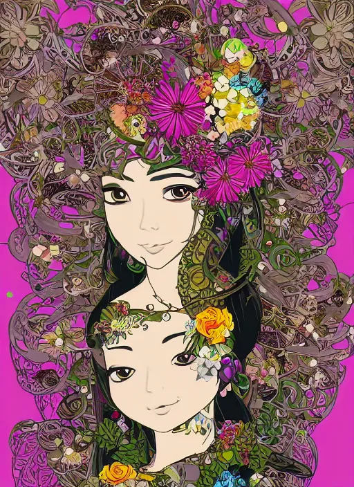 Image similar to !!! very coherent!!! vector art, beautiful floralpunk balinese cyborg portrait girl female illustration detailed patterns art of bali traditional dress, hands wearing gloves, flower pop art, floral splash painting, art by ashley wood, alphonse mucha, makoto shinkai, geof darrow, dark shadow