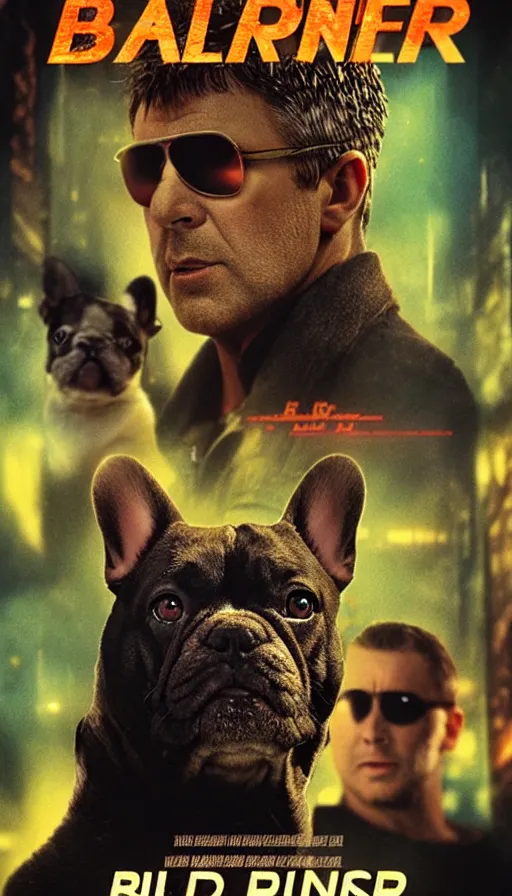 Prompt: movie poster of blade runner with french bulldogs, highly detailed, hyper realistic, large text, low saturation