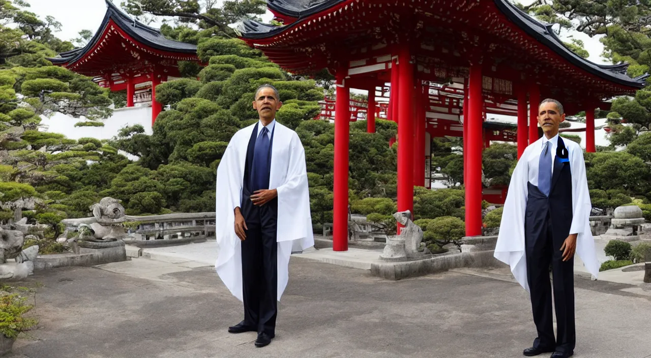 Prompt: Barack Obama wearing a Kimono standing in front of an asian temple