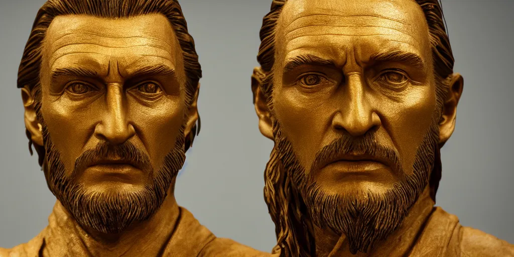 Image similar to golden head sculpture of qui - gon jinn liam neeson 4 k, movie still, uhd, sharp, detailed, cinematic, render, modern