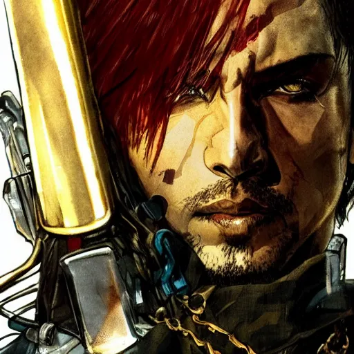 Image similar to portrait of a hero holding his sword in front of his face by yoji shinkawa, high quality, extra details, realism, ornate, colored, golden chain, blood, white skin, short hair, brown eyes, vivid, sunlight, dynamic, american man, freedom