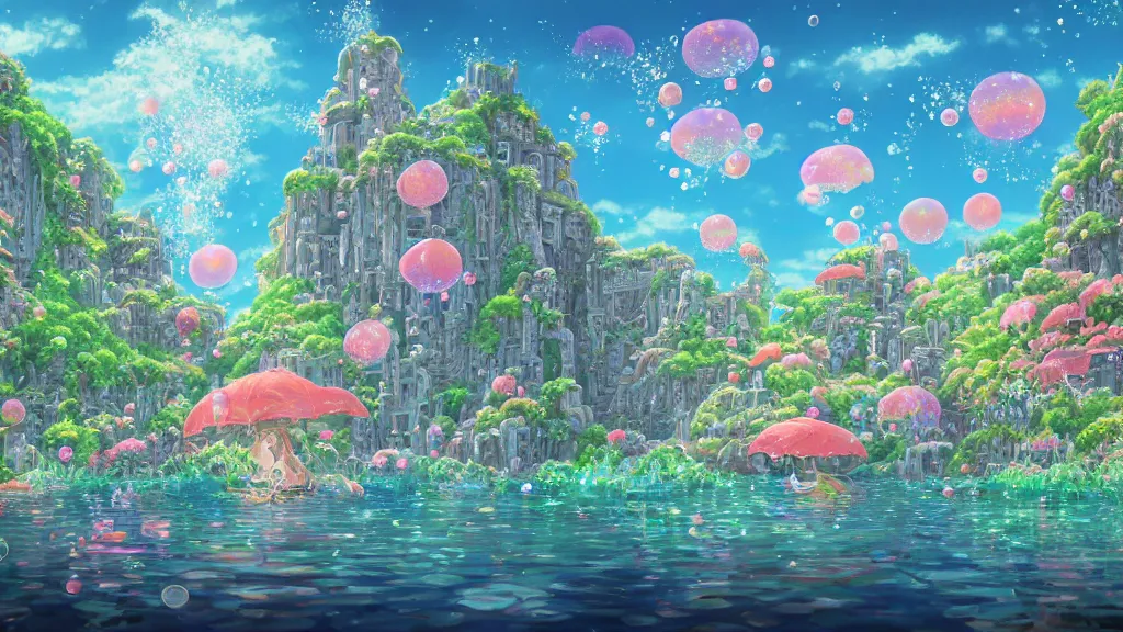 Prompt: Vivid ultra realist and ultra intricate detailed 3d render, cute ghibli painting of an underwater environment in the style of studio ghibli, artwork by Hayao Miyazaki and Isao Takahata, squids, aztec ruins, , bubbles, elegant, reflections, focus, volumetric water, rainbow lighting, award winning, trending in cgsociety artstation deviant art, octane render, by Beeple