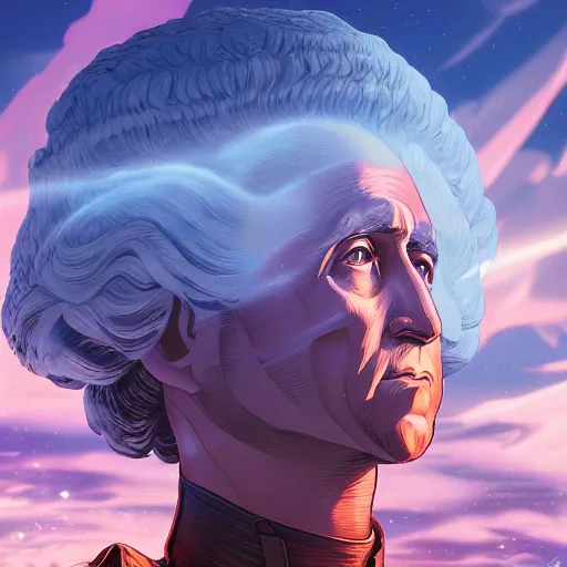 Image similar to ultra realist photographer george washington by dan mumford, yusuke murata, makoto shinkai, ross tran, cosmic, heavenly, god rays, intricate detail, cinematic, 8 k, cel shaded, unreal engine, featured on artstation, pixiv