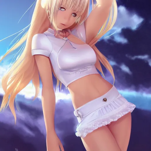 Image similar to tiny father a tall daughter picture : a very beautiful young blond anime girl, sky blue eyes, bikini, white miniskirt, highly detailed, cinematic wallpaper by stanley artgerm lau