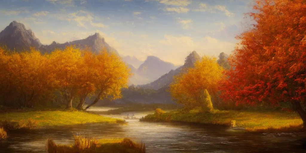 Image similar to painting of a FANTASY winery in autumn, with a river winding through them. In the distance, there are mountains. by bob ross, Albert Bierstadt, immaculate scale, hyper-realistic, trending on Artstation, 8k, detailed, atmospheric, immaculate