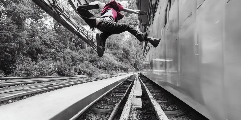 Image similar to a wide shot angle photography of a person jumping into a moving train