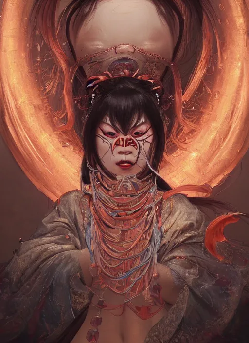 Image similar to a beautiful detailed oil on copper art illustration of a waka onna mask shogun devil woman, centered, by charlie bowater, zeng fanzh, trending on artstation, dim dusk lighting, cinematic lighting, detailed lighting, volumetric lighting, realistic, f 8, 4 k hd wallpaper