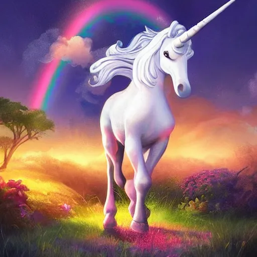 Prompt: a unicorn with a baby unicorn in a beautiful garden with billowing clouds and sunset, with a rainbow in the distance, trending on artstation, dynamic composition, style of Artgerm and Jaime Jones, high detail