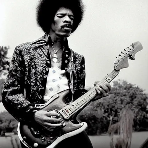 Image similar to jimi hendrix playing a lizard guitar, color photo, cinematic