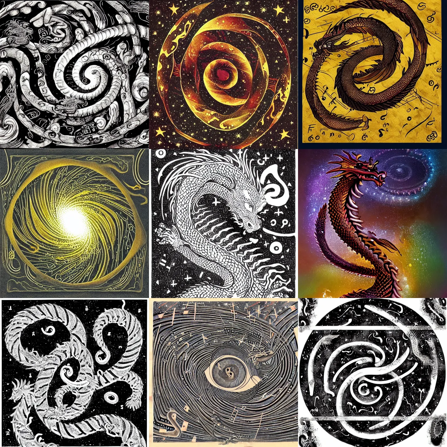 Prompt: dragon, spiral galaxy, made of Notation, Symbols, Lines, Sequences, Interpretation, Instructions, Communication, Visuality, Process, form, line, character, surface, space, material, immaterial, sensual, symbolic, conceptual, Series, Variations, Temporalization, Processualization, Notation, Instruction, Form, Sign, Symbol, Movement, Parallel, Sequential, Disordered, Unconnected, Static, Visual, Mental, Iconic, Imaginative. Creative, large-scale, multi-part, process, drawing, repetition, variation, order, chaos, improvisation, medium: black pencil