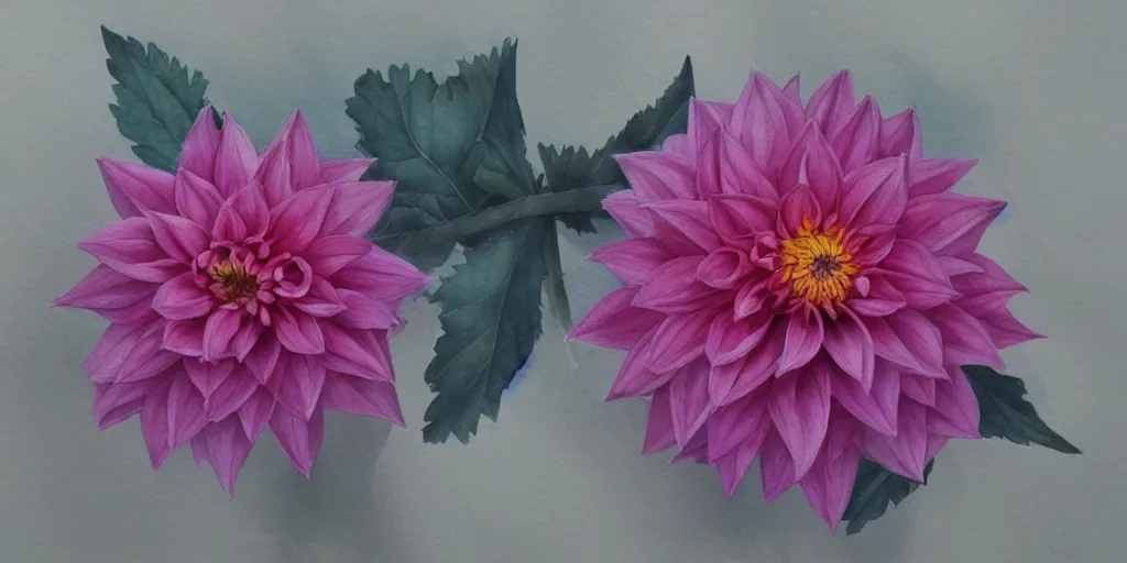 Image similar to a dahlia blossom, watercolor, artstation, realistic, moody