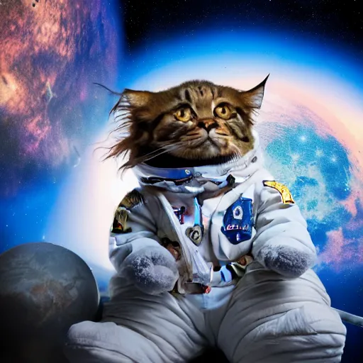 Prompt: glorious dynamic pose full body celestial main coon TY beanie baby wears a spacesuit and plays onthe webb space telescope in outer space, 8k highly professionally detailed, HDR, CGsociety, dynamic lighting, pristine and clean design, photorealistic
