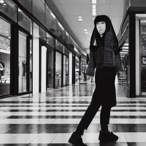 Image similar to a closeup portrait of woman walking in mall alone in style of 1990s, street photography seinen manga fashion edition, focus on face, eye contact, tilt shift style scene background, soft lighting, Kodak Portra 400, cinematic style, fish-eye camera, telephoto