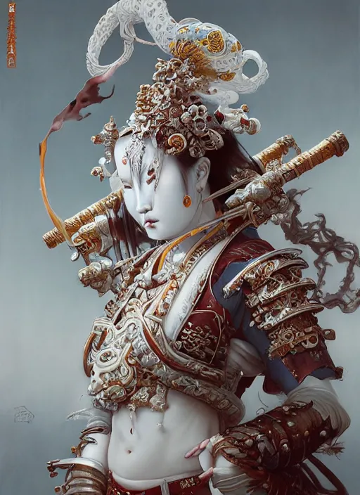 Image similar to subsurface scattering, white, koi, female samurai deity with filigree ivory armor, by jesper ejsing, james jean, justin gerard, tomasz alen kopera, cgsociety and fenghua zhong, highly detailed, rim light, cinematic lighting, illustration, art, octane render, very coherent, cinematic, hyper realism, high detail, 8 k