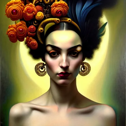 Image similar to dynamic composition, a painting of a woman with hair of flowers and raven plummage wearing ornate earrings, a surrealist painting by tom bagshaw and jacek yerga and tamara de lempicka and jesse king, featured on cgsociety, pop surrealism, surrealist, dramatic lighting, wiccan, pre - raphaelite, ornate gilded details