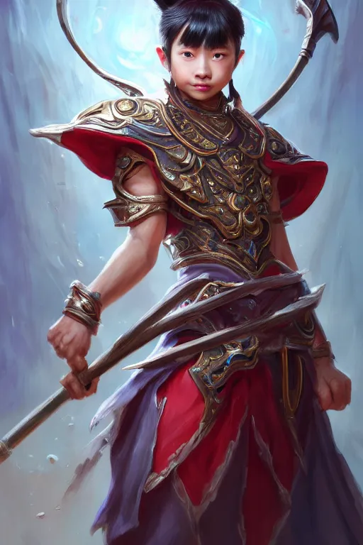 Image similar to a masterpiece portrait of nezha, handsome kid wear holding spear, fantasy character portrait, hyper detailed, digital painting, 8 k realistic, trending on artstation, sharp focus, dof, by ne zha ( 2 0 1 9 ), fenghua zhong, artgerm, ne zha from smite, tsuyoshi nagano, top lighting