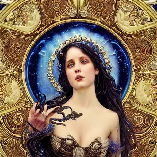 Image similar to portrait of siren queen made with porcelain by Jeff Easley and Peter Elson + beautiful eyes, beautiful face + symmetry face + border and embellishments inspiried by alphonse mucha, fractals in the background, galaxy + baroque, gothic, surreal + highly detailed, intricate complexity, epic composition, magical atmosphere + masterpiece, award winning + trending on artstation
