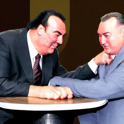 Prompt: Bertie Ahern arm wrestling Steven seagal photorealistic in the style of ansel adams