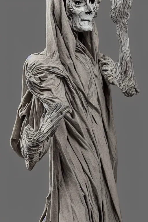 Image similar to a cinematic view of an highly ornated intricate macabre impressionist sacred statue of veiled ghoul made in light dark oak, with few ornaments in shiny polished graphite, sculpted by hedi xandt and antonio corradini, dark surrealism, freak gothic style