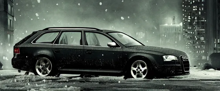 Image similar to Audi A4 B6 Avant (2002), a gritty neo-noir, dramatic lighting, cinematic, eerie person, death, homicide, homicide in the snow, viscera splattered, gunshots, bullet holes, establishing shot, extremely high detail, photorealistic, raging fire at a warehouse, arson, cinematic lighting, artstation, by simon stalenhag, Max Payne (PC) (2001) winter New York at night, In the style of Max Payne 1 graphic novel, flashing lights, Poets of the Fall - Late Goodbye